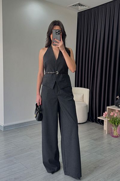 My Blog Black Pinstripe Belt Detailed Vest Pants Suit - 9569
