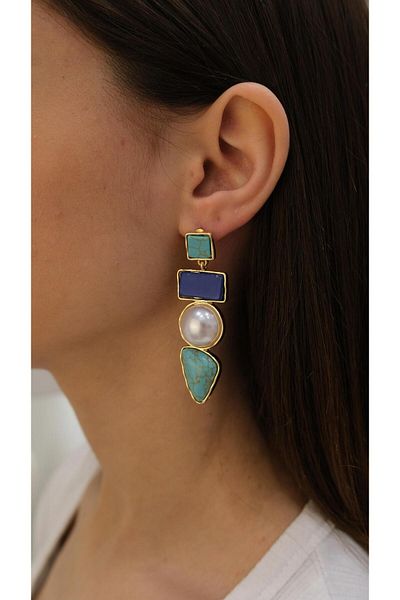 Jerie Gold Turquoise and Pearl Detailed Dangle Earrings