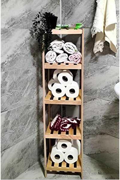 decoraid Ahşap Izgaralı 5 Raflı Banyo Rafı Doğal 30 x 30 x 120 cm