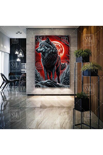 SML TABLO Gece Ay Işığında Bozkurt Vahşi Boz Kurt Kırmızı ve Siyah Asaleti Di...