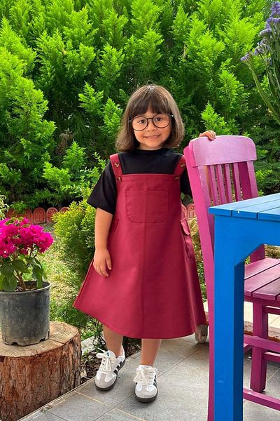 Ceylan Otantik Claret Red Duck Linen Children's Salopet with Skirt