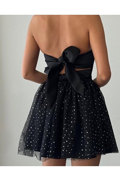 Elizar Moda SİYAH IŞILTI DETAYLI STRAPLEZ ELBİSE