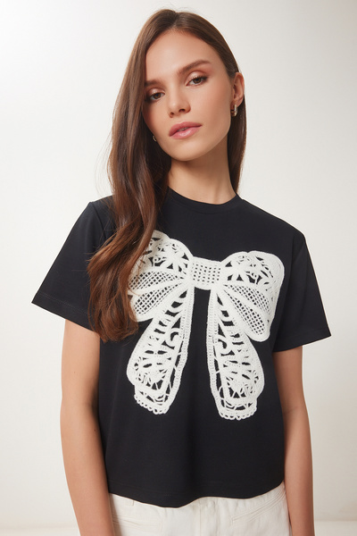 Lovelyİstanbul Tricou tricotat brodat cu fundita Guipure Negru Lcr0065
