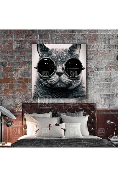 SML TABLO Μαύρα γυαλιά έχουν τοποθετηθεί Karizma Cat Animal Decor Τετράγωνος πίνακας σε καμβά