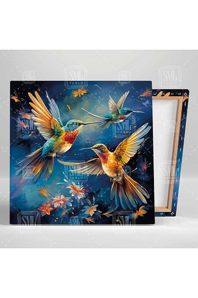 SML TABLO Pereche de colibri zburătoare împotriva flori pătrate Pictură pe pânză