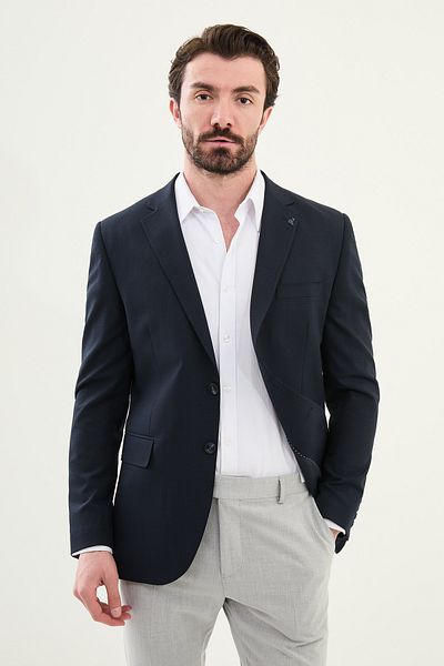 Mcr Plaid Navy Blue Slim Fit Mono Collar Men's Jacket