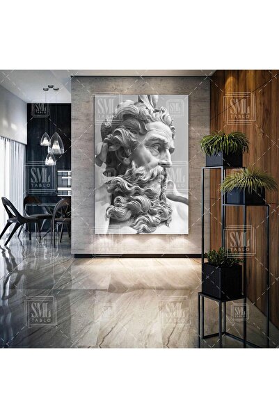 SML TABLO Zeus Heykeli Yunan Mitolojisi Taş Mermer Dekoratif Dikey Kanvas Tablo