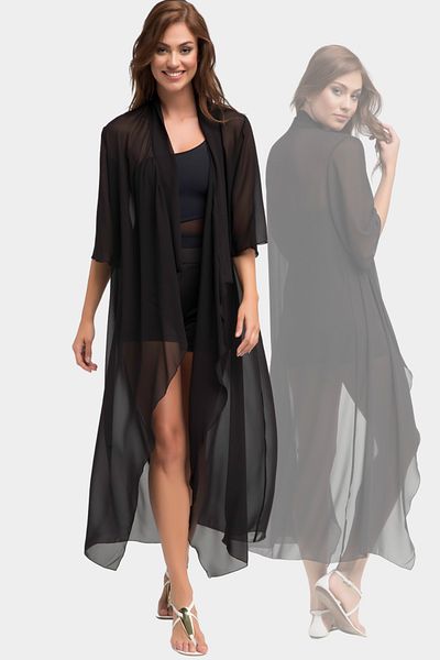 Laranor Black Chiffon Shawl Collar Three Quarter Sleeve Kimono Cardigan Beach Clothing 24L7554