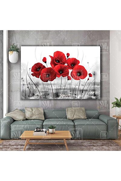 SML TABLO Kırmızı Yapraklı Gelincik Çiçeği Tarlası Doğa Manzara Yatay Kanvas ...
