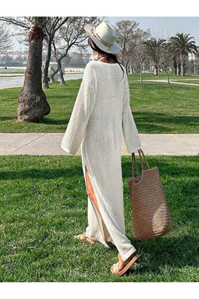 Rönesans Butik Kadın Yırtmaç Detaylı Ajurlu Triko Elbise