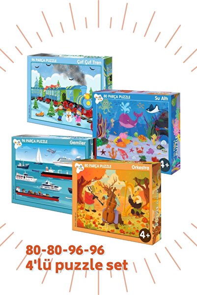 Bonkido 4 'lü Puzzle Set - 80 Parça Orkestra & Sualtı ,96 Parça Çuf Çuf Tren & Gemiler Puzzle