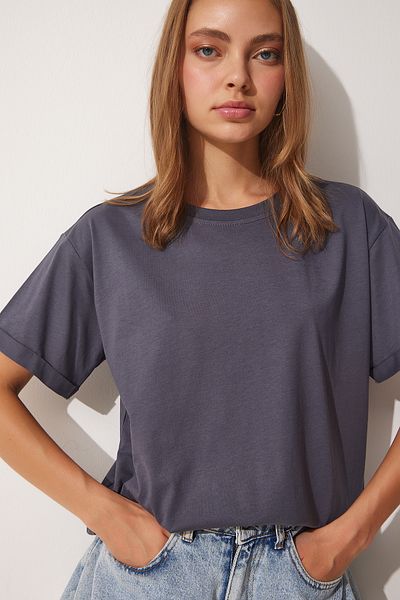 Lovelyİstanbul Tricou tricotat larg din bumbac cu decolteu ANTRACIT LUB0050