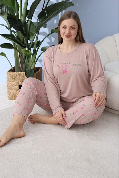 Meri Women's Brown Large Size Long Sleeve Button Collar Oversize Bamboo Women's Pajamas Set M959