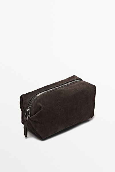 Massimo Dutti Yırtmaçlı deri kalın süet makyaj çantası