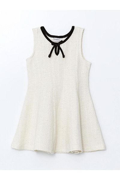 LC Waikiki Lcw Kids Ecru Crew Neck Girls Tweed Dress