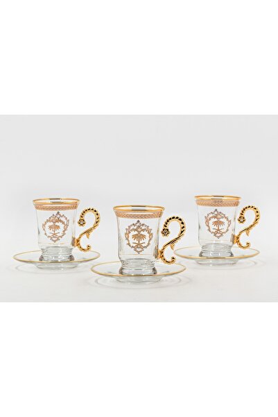 Dania Turkish crystal tea cup set laser engraved with a golden sword and palm tree logo 6 cups + 6 saucers
