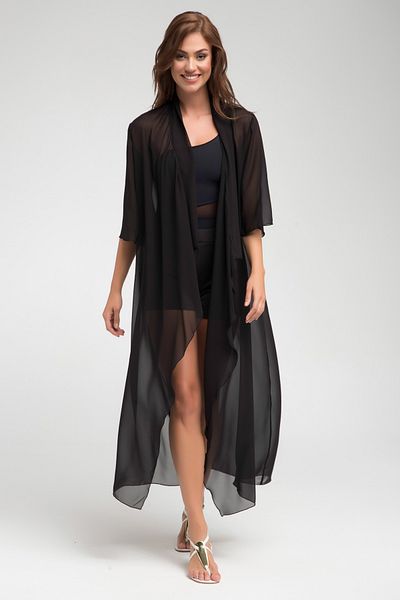 Laranor Black Chiffon Shawl Collar Three Quarter Sleeve Kimono Cardigan Beach Clothing 24L7554