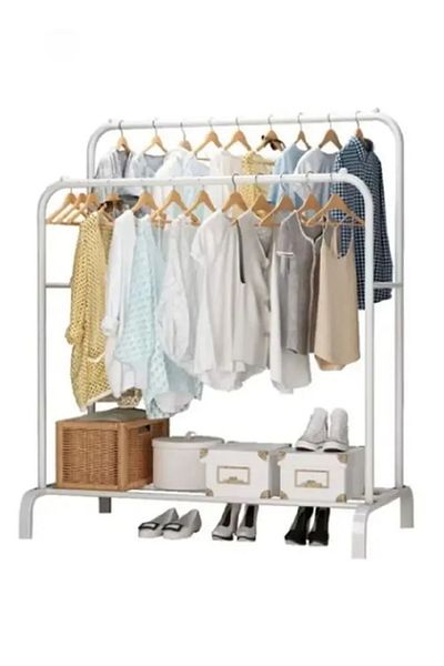 COOYA Clothes Rack, Heavy Duty Double Rods Clothes Hanging Rack, Storage Display, Metal, White