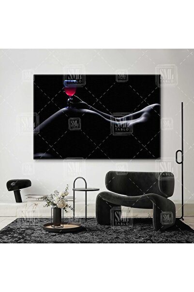 SML TABLO Uzanan Kadın Ve Bardağı Kırmızı İçeceği Nü Dekor Yatay Kanvas Tablo