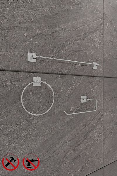 Alper Banyo Σετ μπάνιου Scilla Square Chrome 3 τεμαχίων με αυτοκόλλητο |   Δαχτυλίδι για πετσέτες, Σόλο θήκη για χαρτί, Μακρύς θήκη για πετσέτες