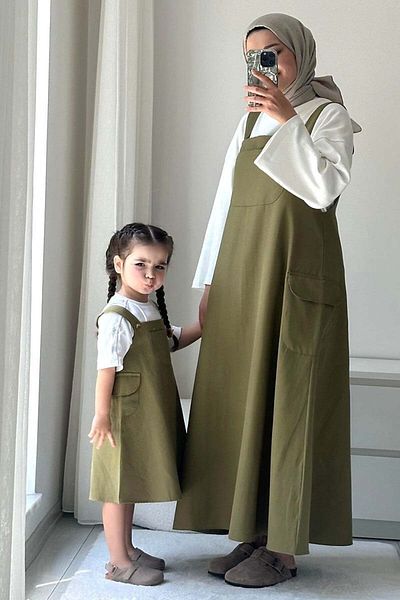 Ceylan Otantik Khaki Duck Linen Children's Salopet with Skirt