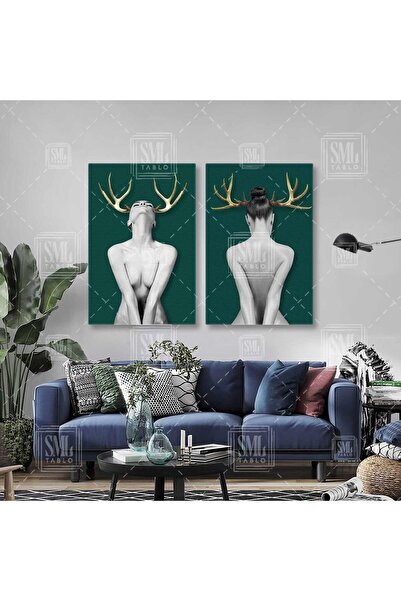 SML TABLO Altın Boynuzlu Kadın Gold Detaylar Yeşil Modern İkili Kombin 2 li S...