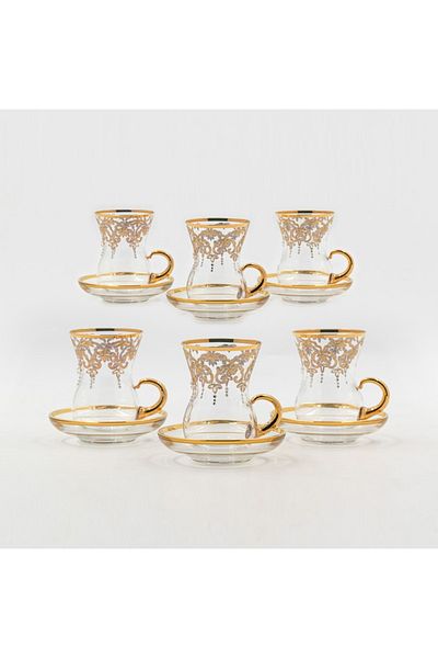 Dania Turkish crystal tea cup set beautifully laser engraved in gold and silver 6 cups + 6 saucers