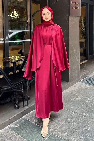 Ovn. Cape Satin Abaya - Burgundy