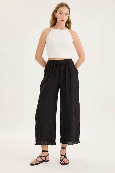 Vitrin Elastic Waist, Mesh Detailed Linen Trousers