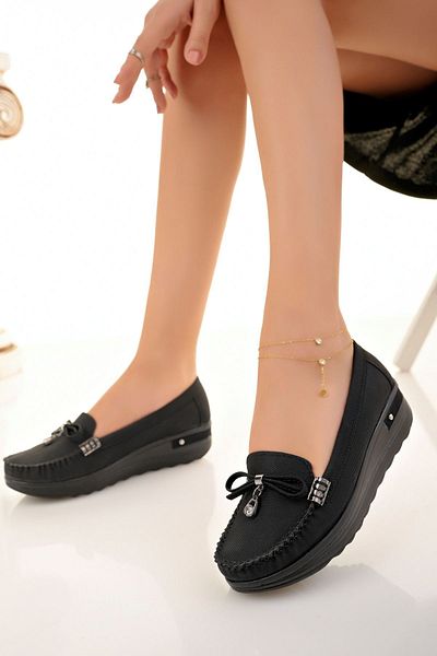 epaavm Wedge Heel Bow Black Denim Shoes