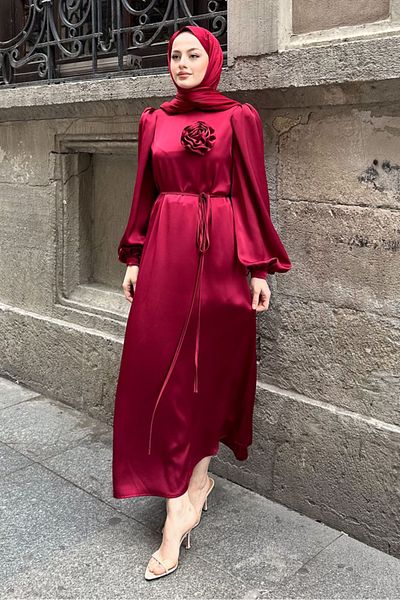 Ovn. Satin Flower Detailed Dress - Burgundy