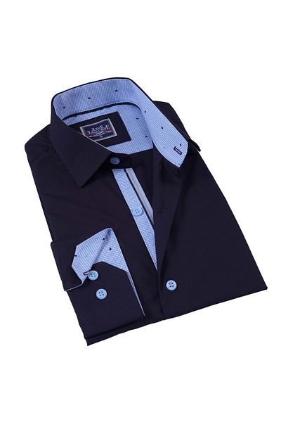 Exve Exclusive Navy Blue Collar and Cuff Blue Patterned Slim Fit Men's Shirt