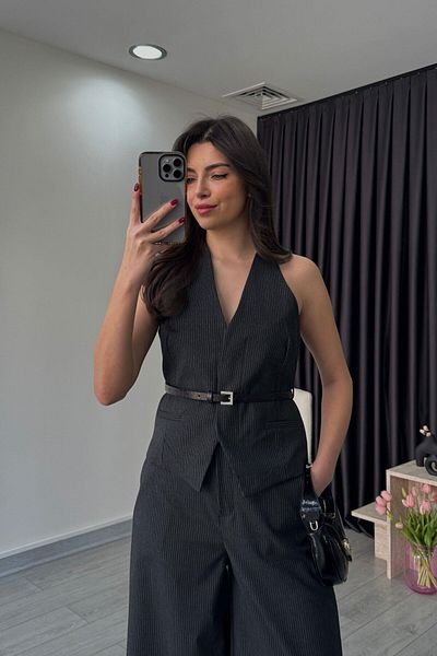 My Blog Black Pinstripe Belt Detailed Vest Pants Suit - 9569