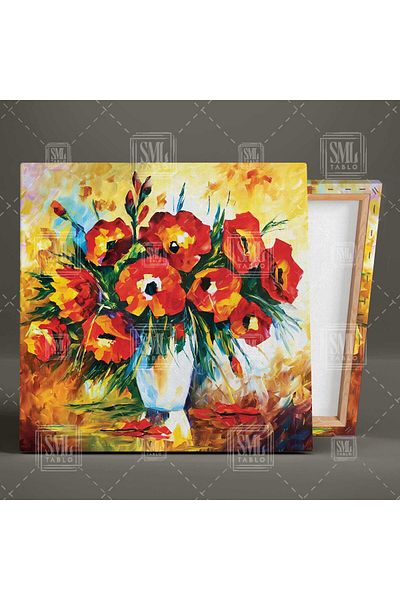 SML TABLO Buchet de flori roșii într-o vază albă, cu urme de pensulă, pictură pătrată pe pânză