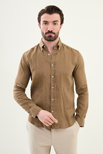 Mcr Прямий Slim Fit 100% льон Чоловіча сорочка Візон - 27068.25Y