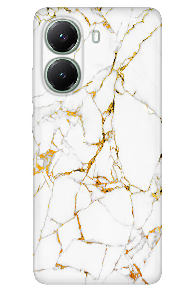 POCO X7 Pro Telefon Kılıfı Dekoratif Silikon Baskılı Kapak Sarı Beyaz Mermer