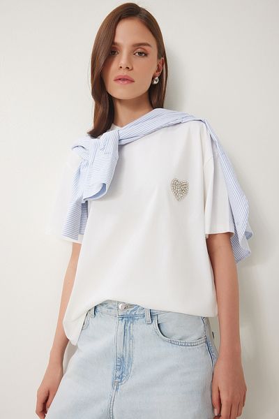 Lovelyİstanbul Stylish Stone Heart Detailed Knitted T-Shirt Ecru Lcr0066