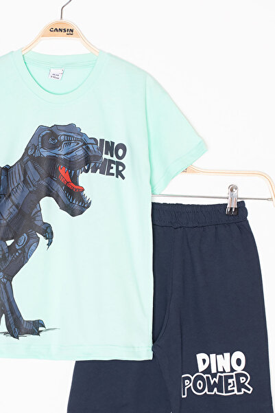 Cansın Mini Mint Dino Printed Written Boys Shorts Top and Bottom Set 20620