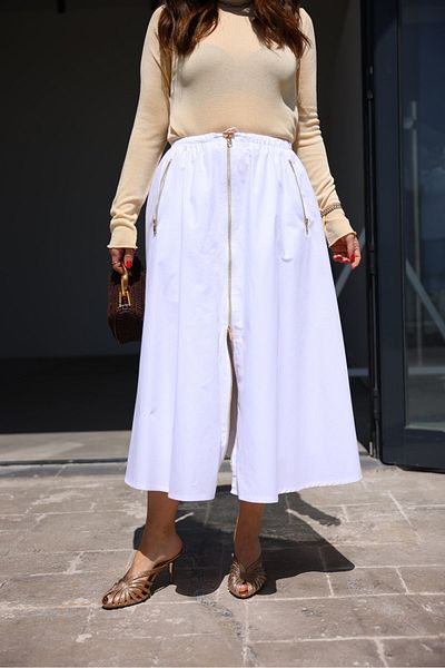 QİMYA BUTİK Keyymod Women's Full Zipper Zipper Pocket Midi Length Cotton Skirt