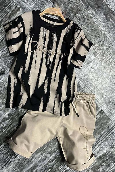 Riccotarz Boy's Champion Lettering and Paint Detailed Beige Shorts Suit with Pockets