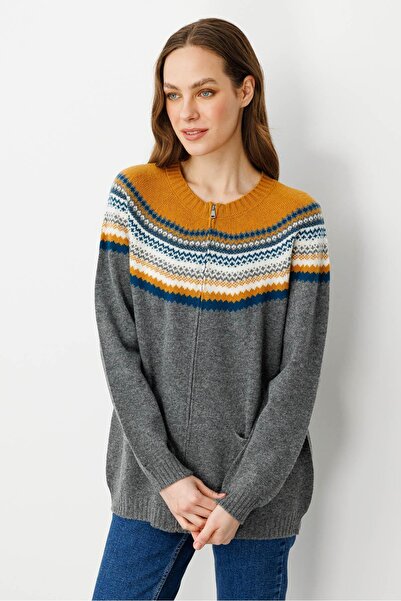 Desen Triko Women's Crew Neck Robe Jacquard Wool Cardigan Smoked