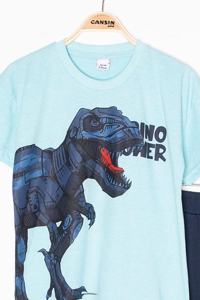 Cansın Mini Turquoise Dino Printed Lettering Boys' Shorts Top and Bottom Set 20619