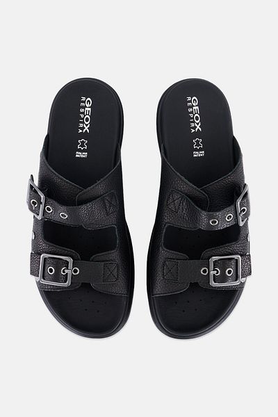 Geox Women Slip On Leather Slippers, Black