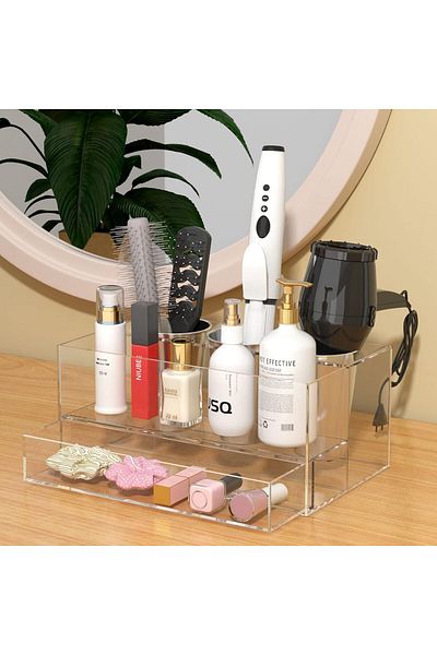 Generic Hair Tool Organizer, Clear Acrylic Hair Dryer & Styling Organizer With Drawer For Vanity