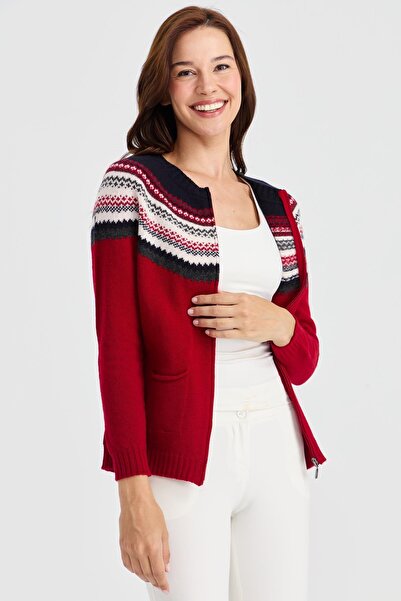 Desen Triko Women's Crew Neck Robe Jacquard Wool Cardigan Red.