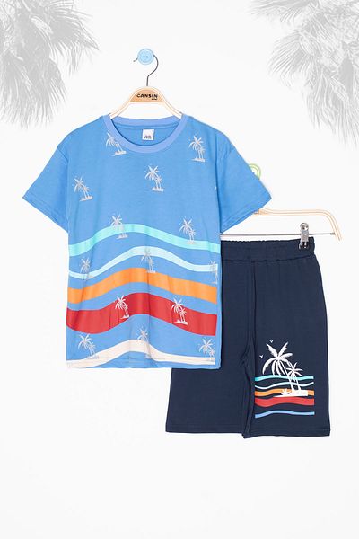 Cansın Mini Costum pentru băiat cu model de palmier albastru cu gât turnu și pantaloni scurți 20628