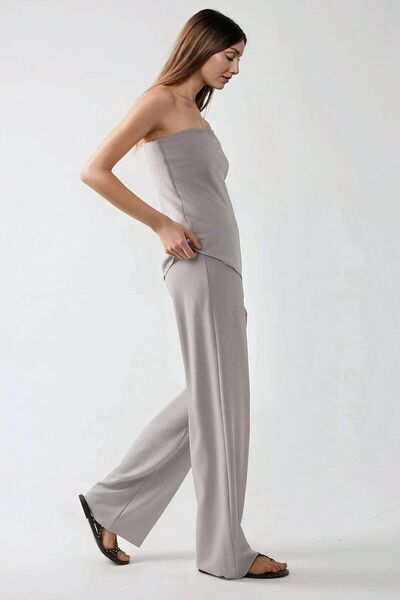 Hiccup Textured Strapless Top & Trousers Double Set