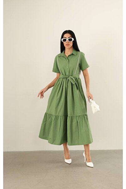 MODEL Elbise Yeşil Uzun Yazlık Fırfırlı Gömlek Elbise