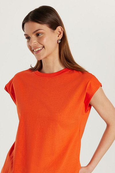 Tudors Tricou de damă Relax Fit, cu croială relaxată, 100% bumbac, portocaliu, cu decolteu