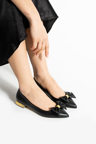 Güllü Shoes Black Matte Vegan Leather Bow Gold Heeled Pointed Toe Women's Ballerina Shoes – Daily Elegance